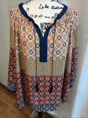 new directions Multicolor Patterned Tunic — Navy Trim 2X EUC
